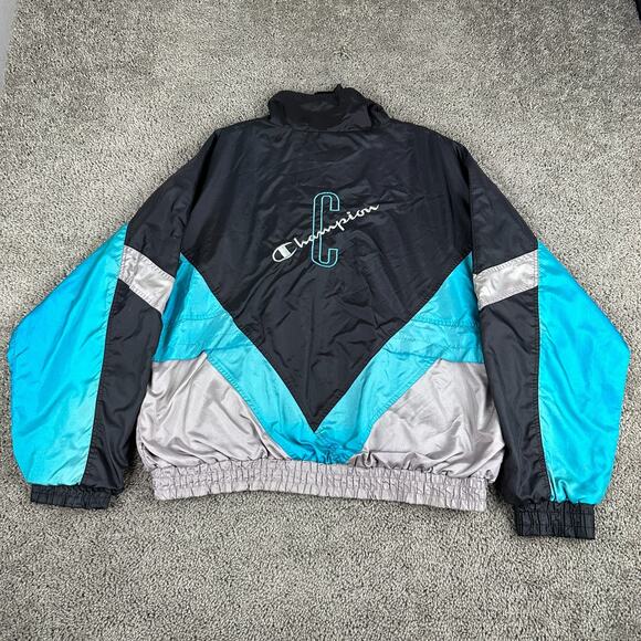 Champion Jacket Mens Large Black Blue Nylon Windbreaker Lined Full Zip Coat - Picture 8 of 13